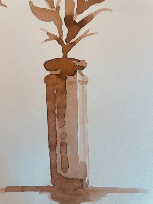 Painting, monochrome sepia still life "dried flowers", signed