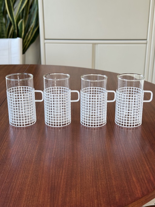 4 Bauhaus glazen met metalen houder Josef Hoffmann, Bieffeplast stijl