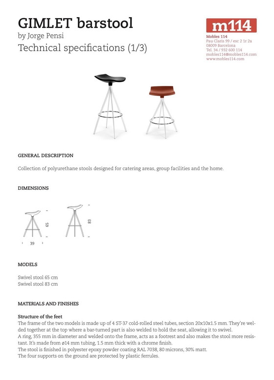 Image 1 of 2 Gimlet barkrukken van Jorge Pensi voor Mobles in uitstekende staat