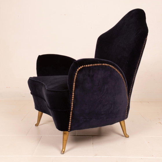 Cesare Lacca Mid Century Moderner italienischer Samt-Sessel für ISA Bergamo – Aluminium, Wood (photo 19 of 27)