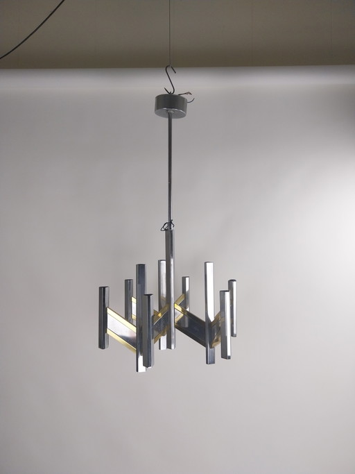 1 x Geatano Sciolari "Concorde" 9-light pendant lamp in chrome and brass 1970s