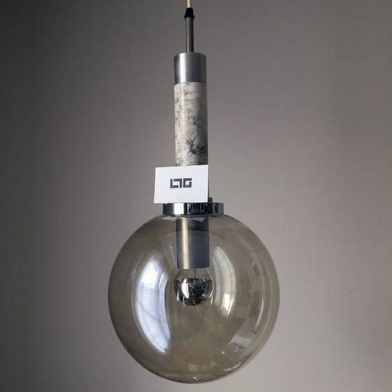 Image 1 of Lampada a sospensione vintage in marmo, acciaio inox spazzolato e vetro fumé, Italia 1970