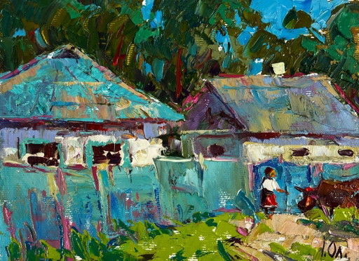 Peinture à l'huile originale, paysage rural, village, retour des champs
