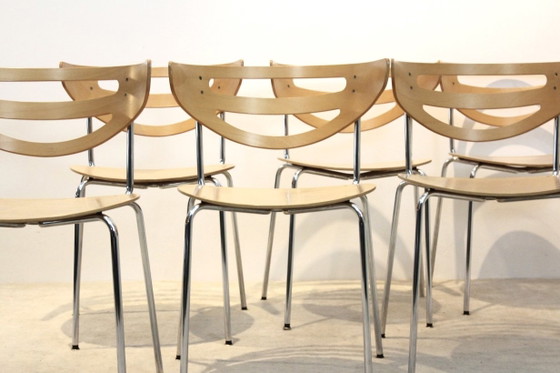 Stackable Thonet Chrome and Beechwood Curved Diner Chairs, Dining chairs, Modern (photo 4 of 12)