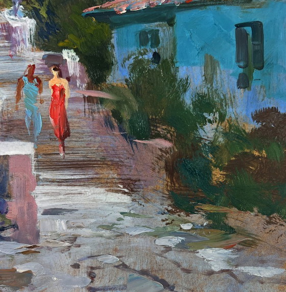 Image 1 of Original Oil Painting Summer Houses Landscape A walk through the city streets