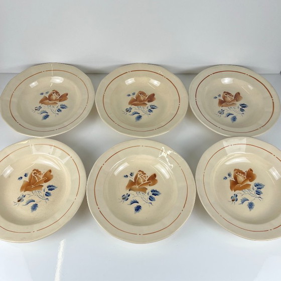 Set van 6 Sarreguemines soepborden met bloemmotief, eerste helft van de 20e eeuw. – Servies, Ceramic, Vintage (photo 5 of 14)