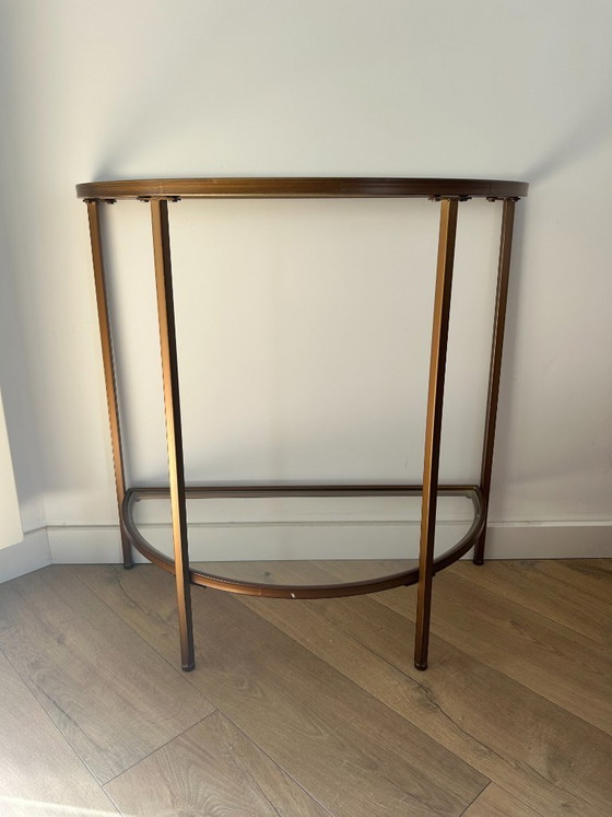 Halfronde dranktafel / sidetable met glazen blad en metalen frame in bronskleur – Bijzettafels, Glass (photo 4 of 5)