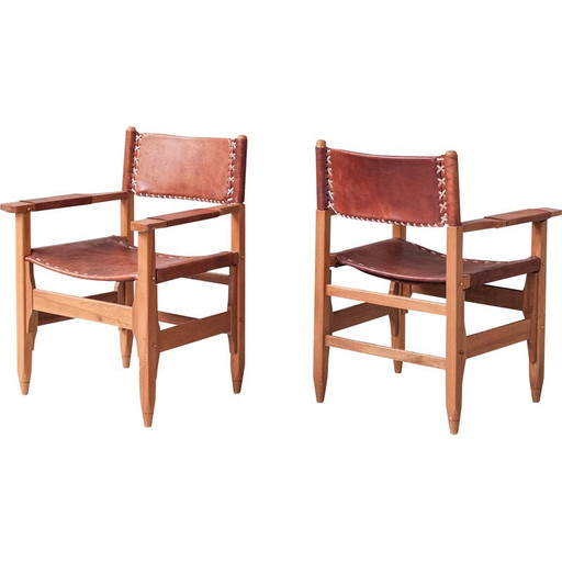 Pareja de sillones vintage de cuero y madera, Francia 1970