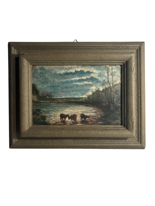 Pintura al óleo de los años 50 sobre tabla de vacas al atardecer