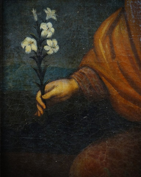 Image 1 of San Giuseppe con in mano un giglio, olio su tela scuola francese del XVIII secolo 51x48 cornice in legno dorato