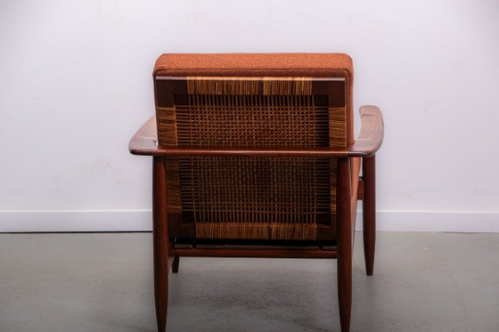 Image 1 of Fauteuil confortable en teck et rotin, style Mid-Century, vers 1970