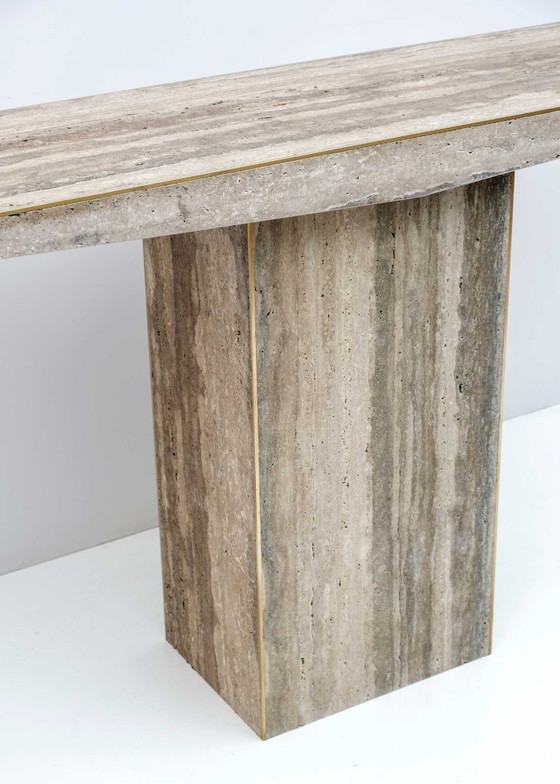 Image 1 of Mid Century Italian Unfilled Travertine and Brass Inlay Console Table