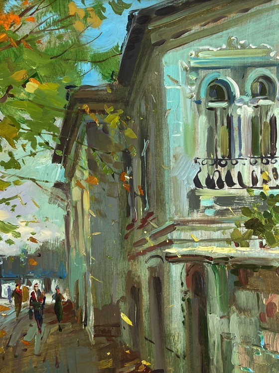 Image 1 of Peinture à l'huile originale représentant une rue de ville en journée