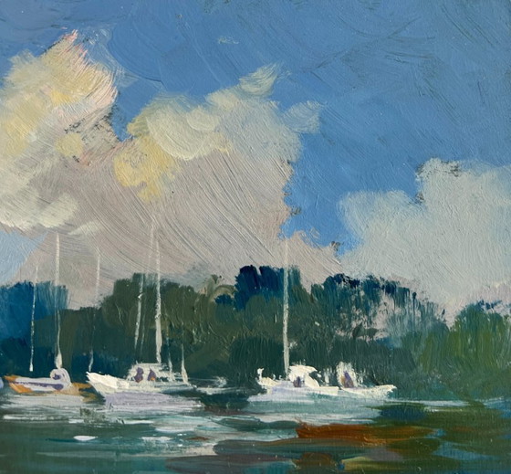 Image 1 of Original Oil Painting Summer River Landscape At the summer yacht club