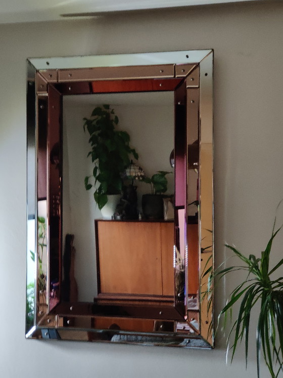 Image 1 of Grote Italiaanse Hollywood Regency Wandspiegel – 110x75 cm – Getint Glas – Eiken Kader – Jaren 70