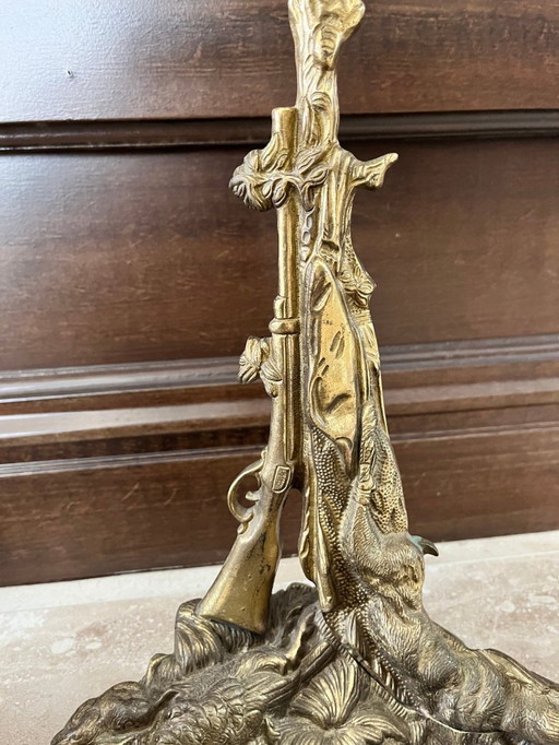 Portaombrelli o portautensili da camino in ottone vintage con scena di caccia