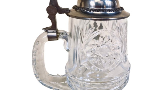 Image 1 of Vintage kristallen bierpul met tinnen deksel – adelaar decor – Duitsland stijl