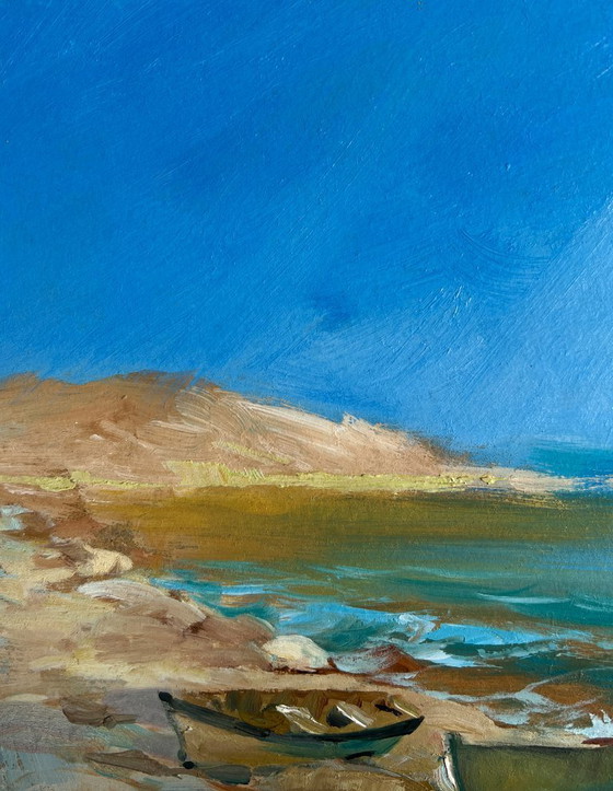 Image 1 of Pintura al óleo original Paisaje costero marino Sonidos de pájaros y olas del mar