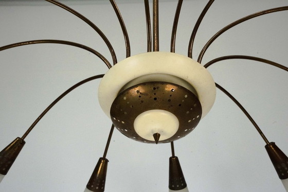 Image 1 of Large Italian Mid-Century Sputnik Brass Chandelier with Satin Glass, 1950s