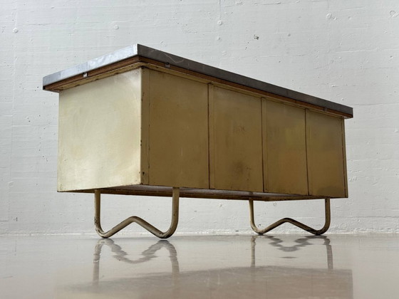Image 1 of Industriële dressoir met roestvrijstalen blad, authentiek studio meubilair uit de jaren 50