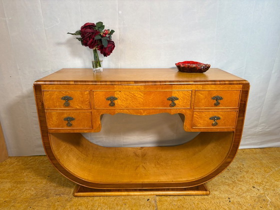 Image 1 of Art Deco Antique Vintage Console Table in Bird’s Eye Maple 1920-1930  Sweeping U-Shaped Base • Brass Details • Elegant Statement