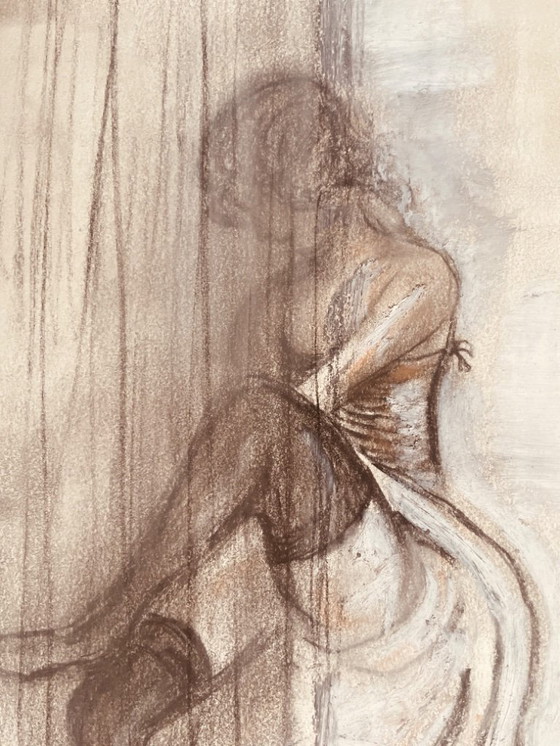 Image 1 of Signed charcoal and white pastel painting, female portrait "fitting"