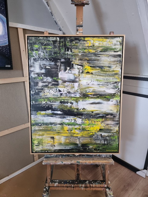 Image 1 of Frances Eckhardt – 70 x 90 cm, handgemaltes abstraktes Gemälde, modern, zeitgenössisch, grün, gelb, schwarz, weiß