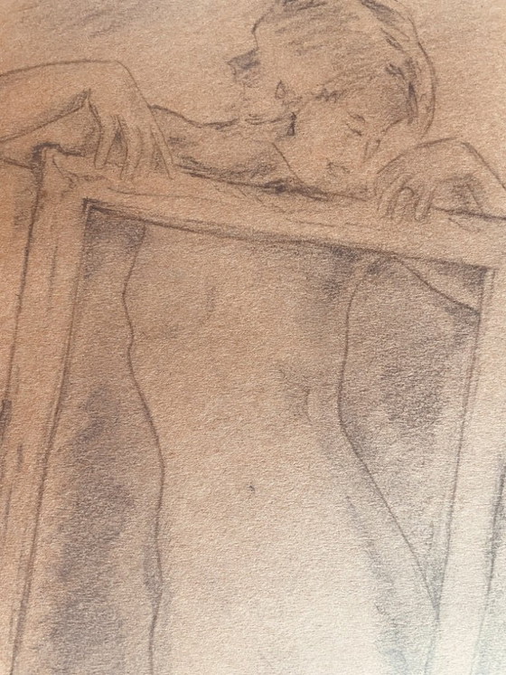 Image 1 of Houtskooltekening van een vrouwenportret "Keuze van de lijst in het atelier"