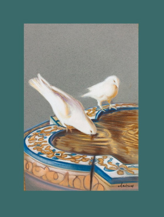 Image 1 of Pigeons drinking from the fountain. Drawing of pigeons. Painting of pigeons. Picture of pigeons. New.