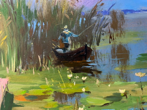 Image 1 of Dipinto ad olio originale raffigurante un paesaggio costiero fluviale, su una barca vicino alle canne.