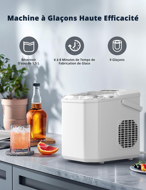 Machine à Glaçons, 12kg en 24h, 9 Glaçons en 6 à 8 Minutes, Blanc Machine a Glacons avec Fonction Autonettoyante, pour la Maison