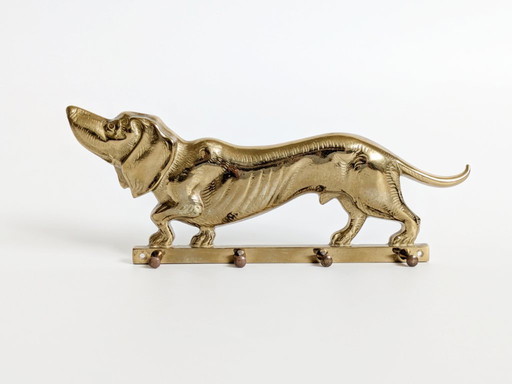 Portachiavi bassotto in ottone vintage, scaffale da parete con ganci del Medioevo