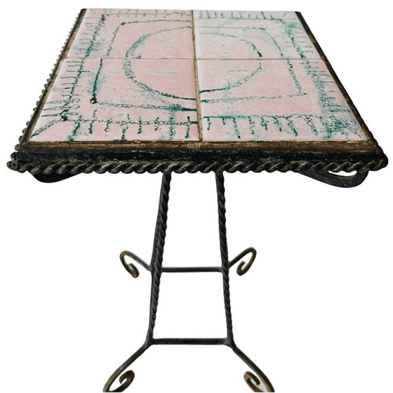 Image 1 of Table d'appoint pour plantes, style Mid-Century, en céramique rose et fer forgé, années 1960