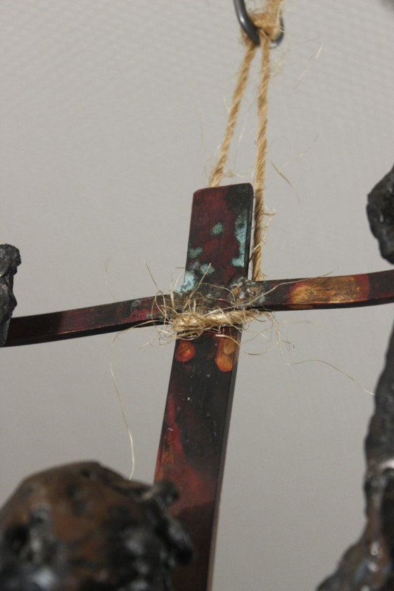 Image 1 of Brutalized crucifixion sculpture in welded iron, bronze, and copper, 1970s, signed