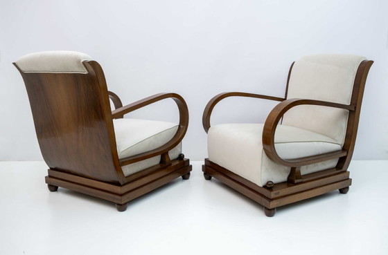 Image 1 of Paire de fauteuils et deux ottomans Art Déco en noyer et velours italiens, années 1920