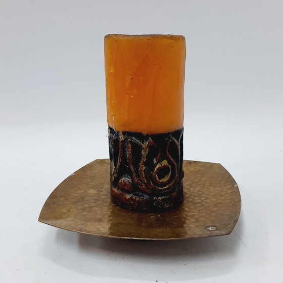 Image 1 of Vintage Wrought Brass Candle Holder & Large Candle