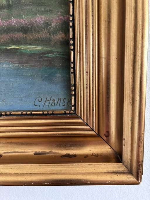 Peinture à l'huile originale vintage représentant un paysage de rivière