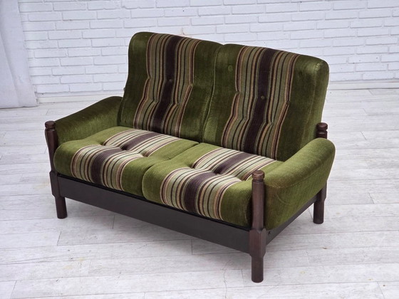 Image 1 of 1970s, Scandinavian 2-seater sofa, green furniture velour, beech wood.