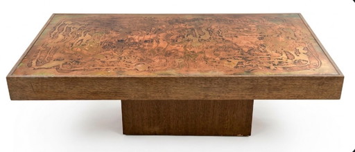 Rare Brutalist Coffee Table by W. Sadeghi - Acid-Etched Brass & Copper - 1970s