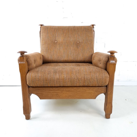 Image 1 of Vintage fauteuil brutalist Deens design hout stof jaren 70