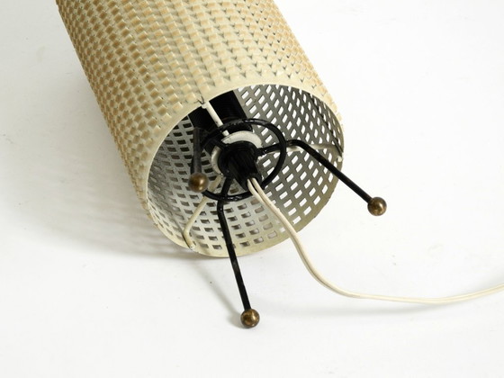 Image 1 of Original 1950s brass tripod table lamp with a perforated metal lampshade