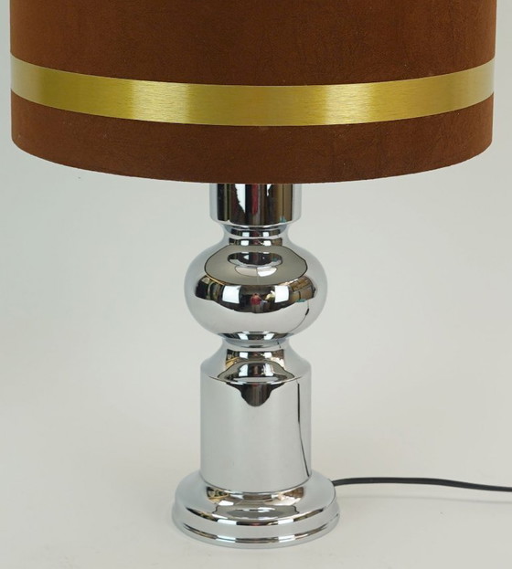 Large 1970s Table Lamp Aro-Leuchten Chrome Base Brown Velvet Lampshade (photo 4 of 11)