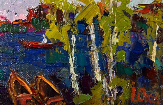 Image 1 of Original Oil Painting Summer River Landscape The first leaves reflected in the water