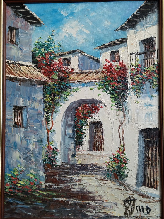 Image 1 of Oil painting on canvas - Mediterranean village - Knife painting technique
