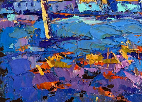 Image 1 of Original Oil Painting Sunset Village Landscape The sun sets quietly in silence