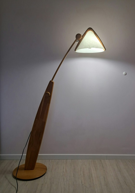 DOMUS 6703 – Zeldzame verstelbare eikenhouten vloerlamp | Vintage Duits design – Vloerlampen, Paper, Wood (photo 13 of 14)