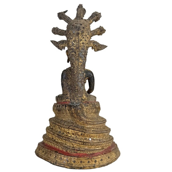 Statue antique dorée de Bouddha Naga Thaï – Protection Muchalinda – 19 cm – Sculptures, Bronze, Brass (photo 6 of 10)