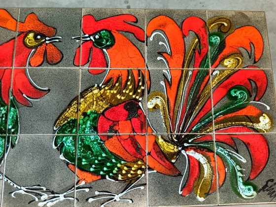 Image 1 of Vintage Juliette Belarti ceramic tile coffee table with rooster motif