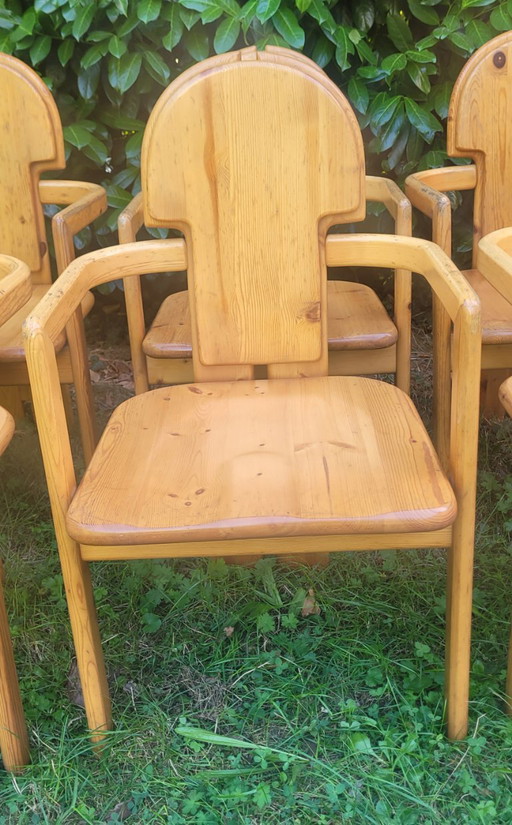 Set of 6 Vintage Solid Pine Armchairs – Rainer Daumiller Style (1970s) – eetkamerstoelen, Wood