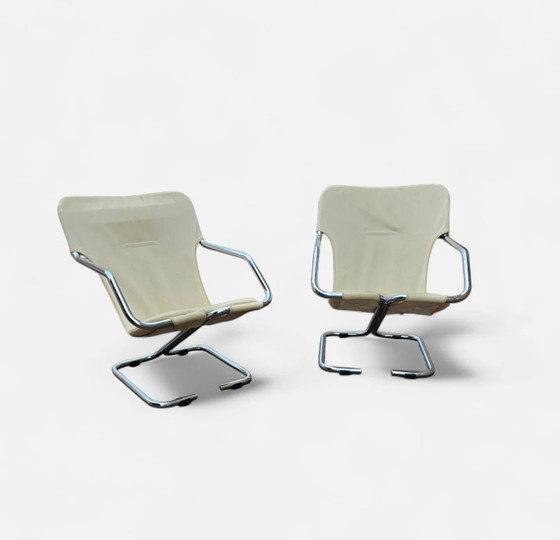 2 x Silla cantilever tubular cromada con asiento de lona color crema – Sillas auxiliares, Chrome, Canvas (photo 2 of 10)